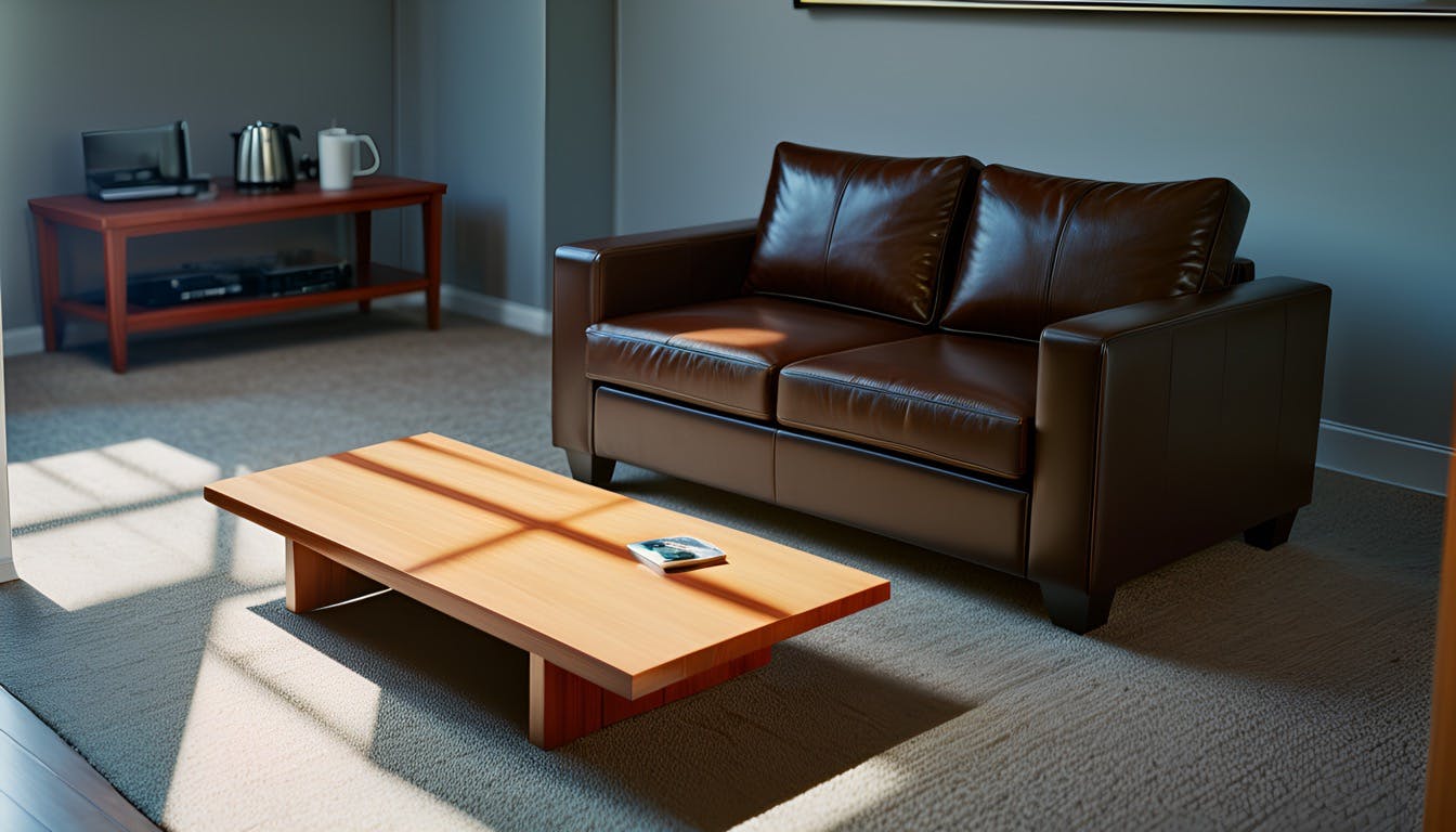Leather couch in a modern living room 3D render Changed