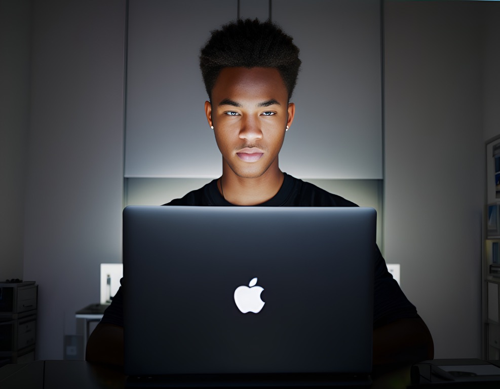 Boy using a laptop illuminated by the screen