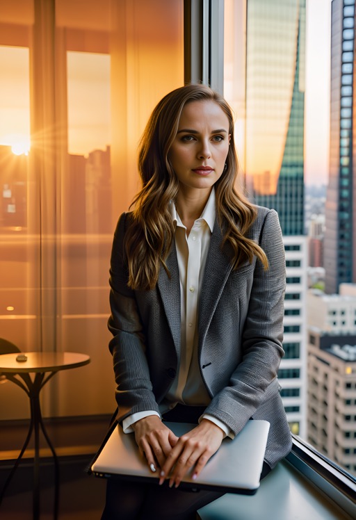 Woman holding a laptop by a window in an office