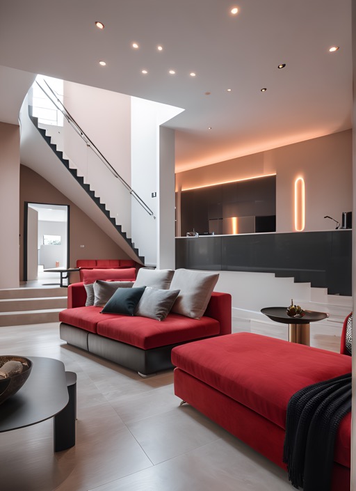 A modern living room with stairs and a couch