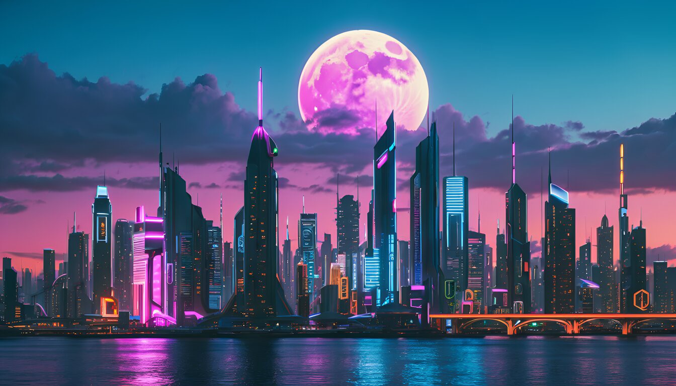A futuristic cityscape with neon lights